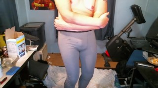 Desperately holding in band new leggings. Wet myself and cum