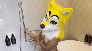 Cute female furry takes her morning shower