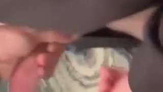 Blowing on his thick uncut cock