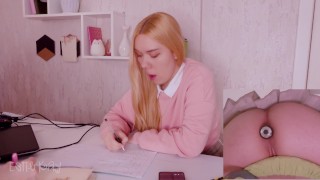 Helping my stepsister with homework but she's too distracted with vibro plug in her ass!
