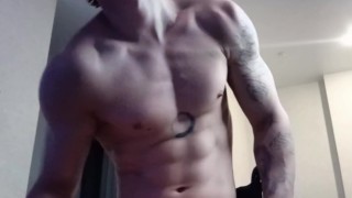 Flex big biceps, veins protrude on them