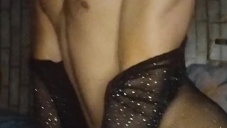 femboy with black stockings play for first time with big dildo in the ass