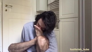 Vacuuming stinky feet with nose self foot sniffing