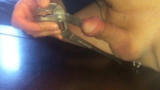 Big pliers stuffed inside huge cock painfull dick torture