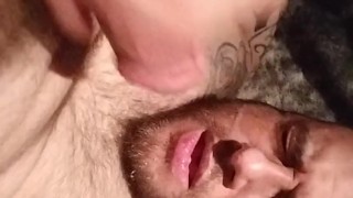 Tattooed, mohawk dude with his own cum all over his face