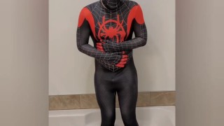 Desperate to pee, stuck in my Spiderman suit, big release at the end