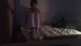 extrem Masturbate Penis in white long leggins and White Pantyhouse