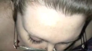Wife wearing glasses and panties deepthroats then sucks cum out from the tip 😍