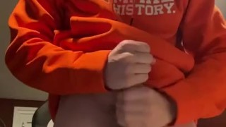 Long haired twink pulls out monster cock