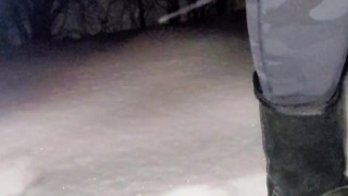 Desperation highway pee in snow in freezing temperatures
