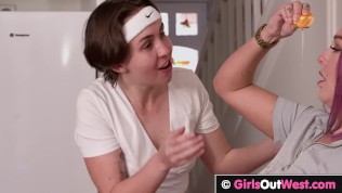 Unshaved lesbian squirts while fingered