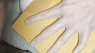 Small dick masturbating with oversize condom on male solo