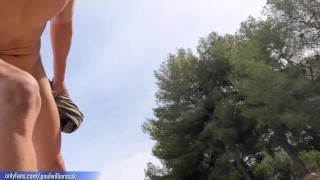 Risky jerk off. Cumshot in public trail