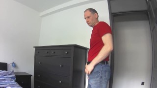 Kudoslong strips to just a T-shirt his wanks his shaved flaccid cock erect