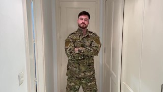 Soldier strip tease and muscle flexing