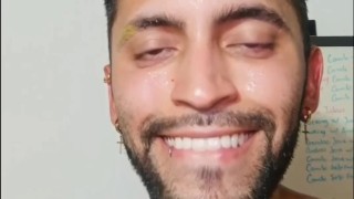 Jerking my big uncut cock with spit until I cum after working out . I was so horny and sweaty.