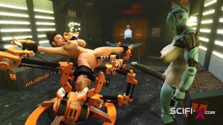 I just want your dick! Female robot shemale fucks a sexy cuffed busty brunette in the sci-fi lab