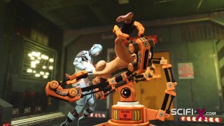 I just want your dick! Female robot shemale fucks a sexy cuffed busty brunette in the sci-fi lab