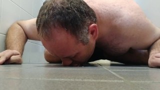 Fat Bear Steruks jerks off on public toilet, cum and lick it up