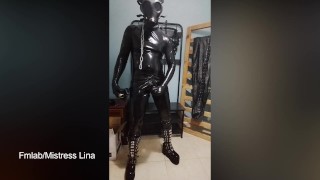 Full encasement rubber slave masturbate and cum with gas mask breathplay