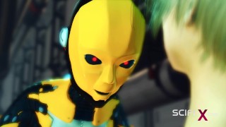 Sci-fi BDSM cuffed and fucked. A sexy young hottie and shemale android in the lab