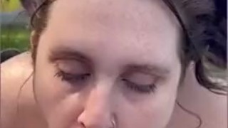 Amateur wife sucks, licks and strokes cock in backyard for huge cumshot 😍