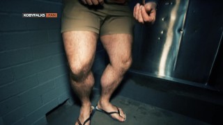 Rough and hunky daddy cleans up load off the public bathroom floor