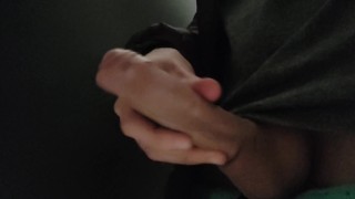 Horny teen bisexual boy stroking his dick and shooting a lot of cum in public male restroom