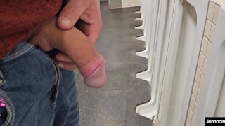4k johnholmesjunior almost caught in risky solo show off huge soft white cock in busy bathroom