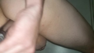 Horny feminine Twink rides homemade dildo in bathroom