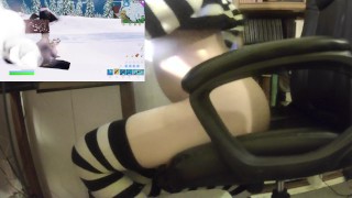 Femboy rides thrusting buttplug while playing fortnite
