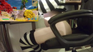Femboy rides thrusting buttplug while playing fortnite