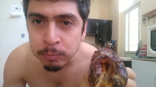 Handsome jerking off cumming on donut - the infamous donut video now full
