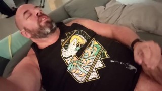 Chubby Daddy Bear plays with his Foreskin and Cums on his Shirt (linktree: skinandearth)