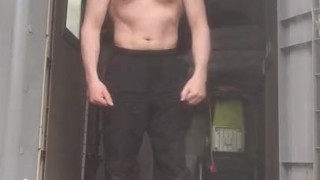 Muscular Daddy gets naked, flexes his big muscles and turns himself on and jerks off in a shed