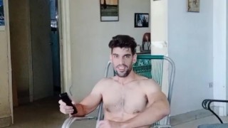 Muscle hunk in White socks jerks his cucumber