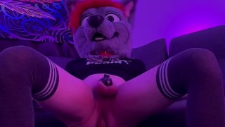 Horny Puppy Hours - Fursuiter plays with XL Dildos in chastity and makes a mess (Hands free orgasm )
