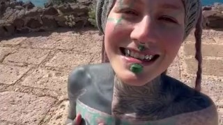 Happy hippie girl having a big cumshot load in her face after getting hard anal fucked in puplic