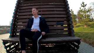 guy masturbates on the promenade in the city center