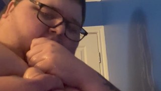 Fat boy deepthroats a dildo (sloppy blowjob)