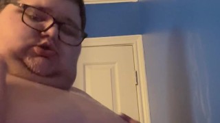 Fat boy deepthroats a dildo (sloppy blowjob)