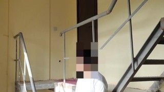 Risky jerk off on the stairs. Neighbors ride the elevator