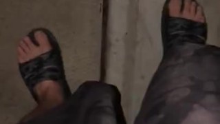 Pissing On My Feet In Flip Flops Before I Get Into The Hot Tub