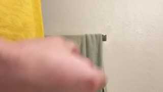 Guy jerks off cums quick in bathroom