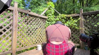 Giant fake tits crossdresser photo shoot BTS cum splattering masturbation