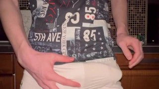 Twink pulls off his Panties and Jerks Off his Huge 23 cm Cock