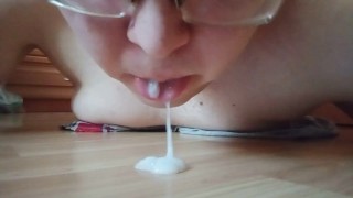 Cumming through ass and licking own cum from the floor