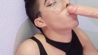 Young Sissy Sucks Dildo On The Internet.
