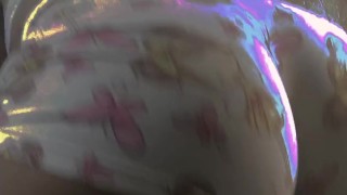 Brunette rumbling in tight shorts