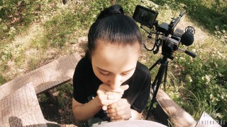 Black Lynn Sucks me and Swallows my Cum - Outdoor Blowjob Filming Backstage - POV